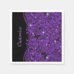 Sparkly Black & Purple Butterfly Floral Napkins