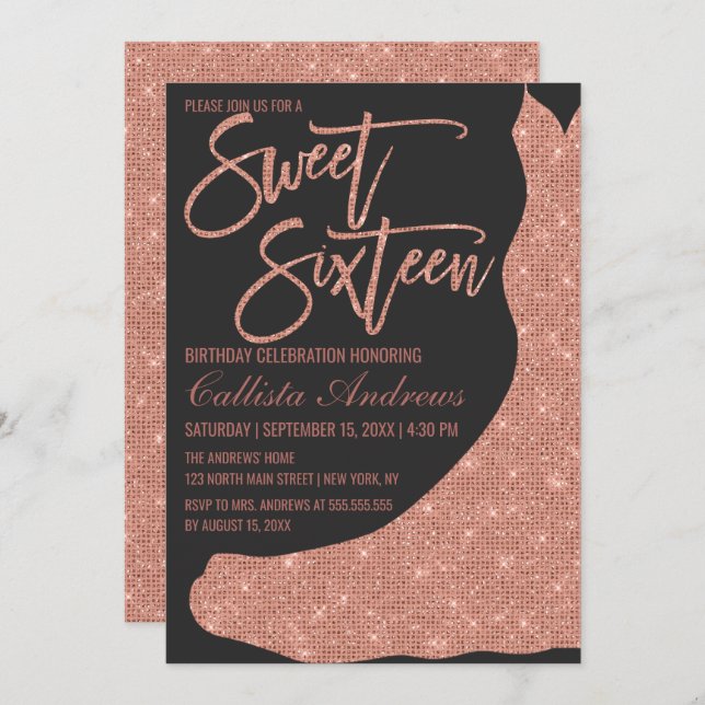 Sparkly Black Rose Gold Glitter Dress Sweet 16 Invitation (Front/Back)