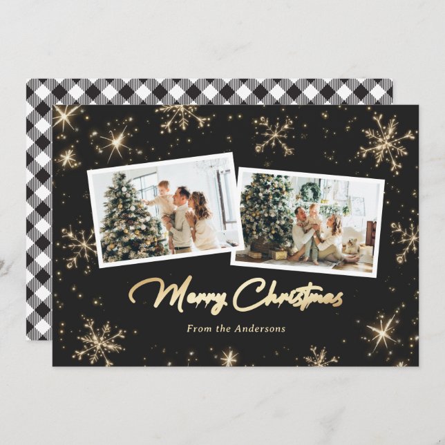 Sparkly Black White Gold Photo Christmas Cards (Front/Back)