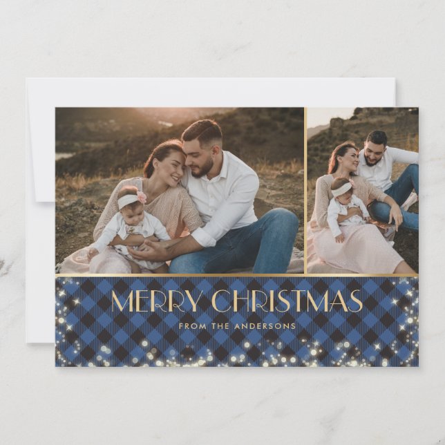 Sparkly Blue Buffalo Plaid Gold Photo Christmas Holiday Card (Front)