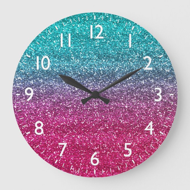 Sparkly Blue & Dark Pink Gradient Glitter Large Clock (Front)