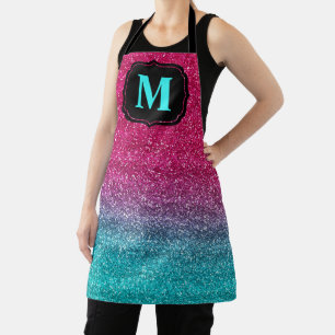 Sparkly Blue & Dark Pink Gradient Glitter Monogram Apron