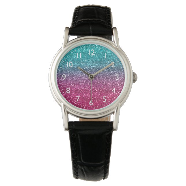 Sparkly Blue & Dark Pink Gradient Glitter Watch (Front)