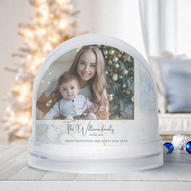 Sparkly Blue & Gold Marble Photo Snow Globe (Creator Uploaded)