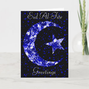 Sparkly Blue Moon and Star Eid Al Fitr Greetings Holiday Card