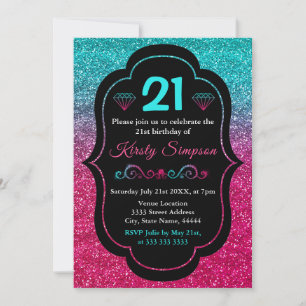 Sparkly Blue & Pink Gradient Glitter Birthday Invitation