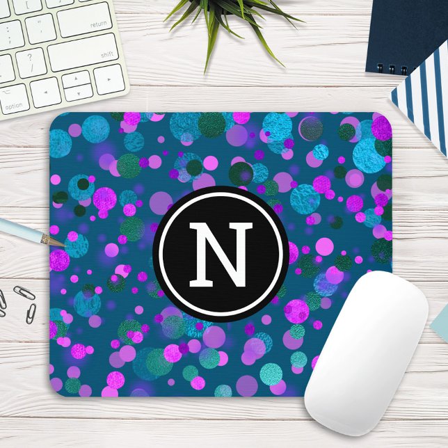 Sparkly blue purple confetti dots on teal monogram mouse mat (Creator Uploaded)