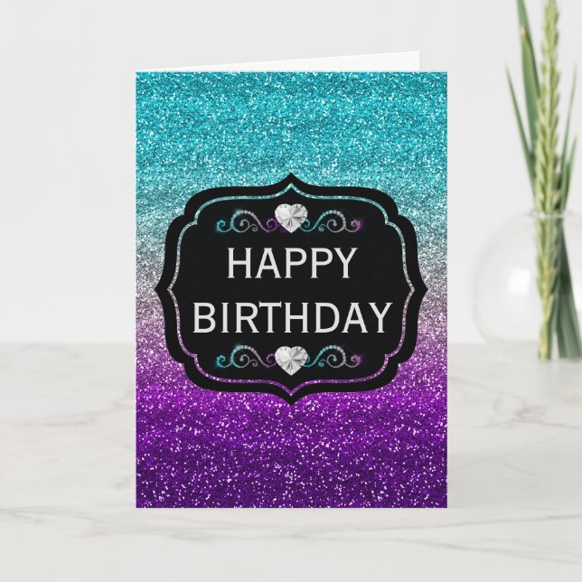 Sparkly Blue & Purple Gradient Glitter Birthday Card (Front)