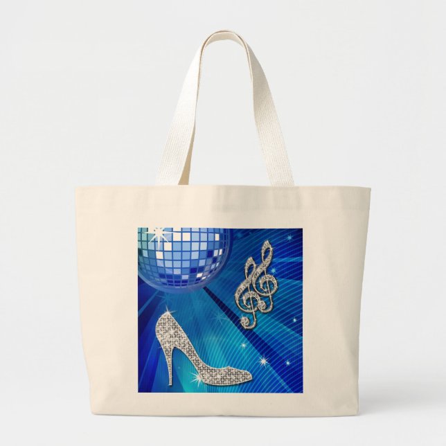 Sparkly Blue/silver Music Note & Stiletto Heel Large Tote Bag (Front)