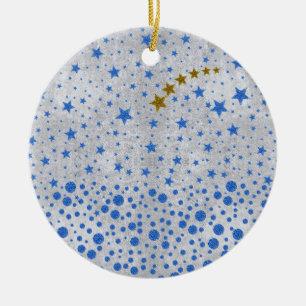 Sparkly blue stars on abstract silver paper ceramic tree decoration