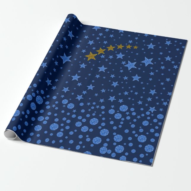 Sparkly blue stars on blue wrapping paper (Unrolled)