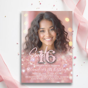 Sparkly Blush Pink Elegant Chic Photo Sweet 16 Invitation