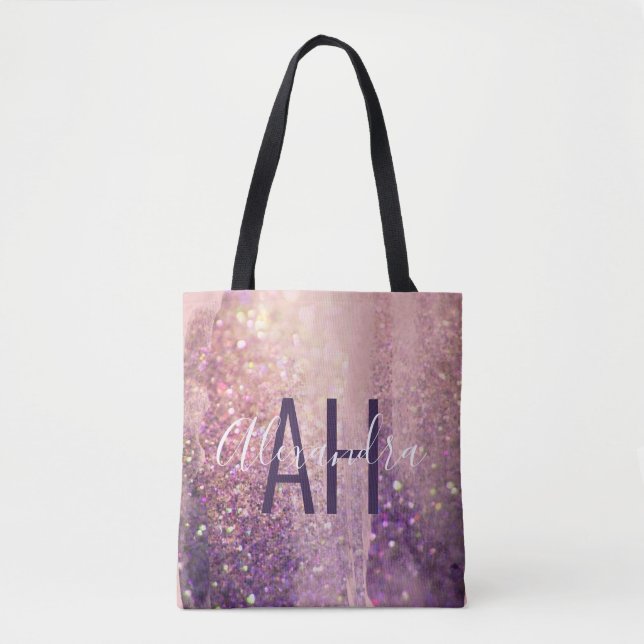 Sparkly bokeh glitter pink purple initials tote bag (Front)