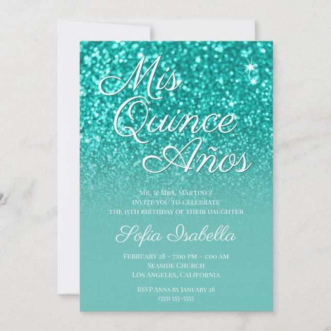 Sparkly Bokeh Teal Glitter Ombre Mis Quince Años Invitation (Front)