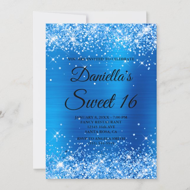 Sparkly Brght Blue Glitter and Foil Sweet 16 Invitation (Front)