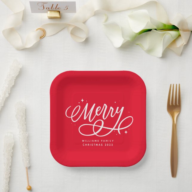 Sparkly Bubbly Script Merry Holiday Paper Plate (Wedding)