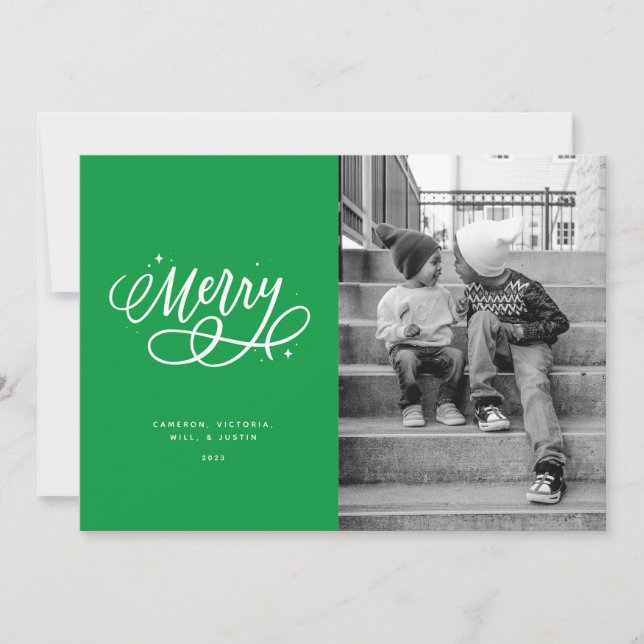 Sparkly Bubbly Script Merry Holiday Photo Card (Front)