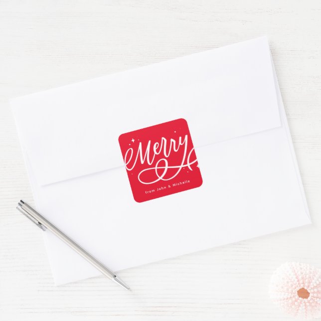 Sparkly Bubbly Script Merry Holiday Square Sticker (Envelope)