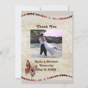 Sparkly Butterfly, Lace & Parchment Thank You Card