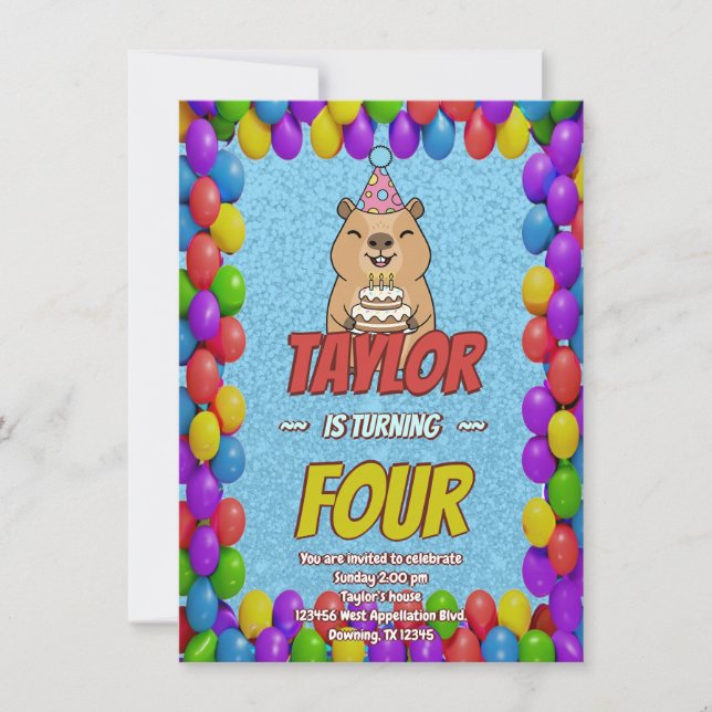 Sparkly Capybara Birthday Invite (Front)
