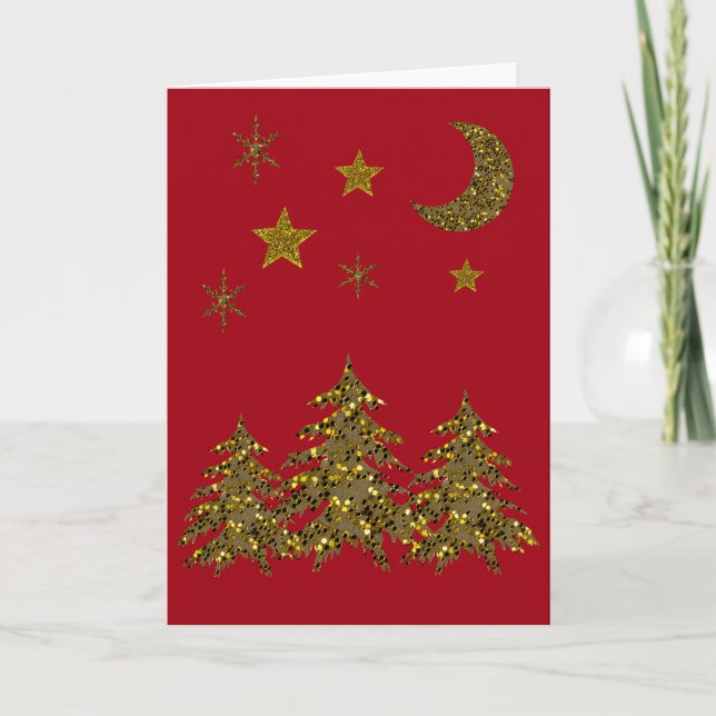 Sparkly Christmas sparkly tree, moon, stars Holiday Card (Front)