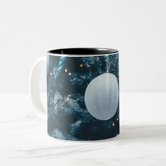 Sparkly Christmas Tree and Christmas Balls Two-Tone Coffee Mug (Front Left)