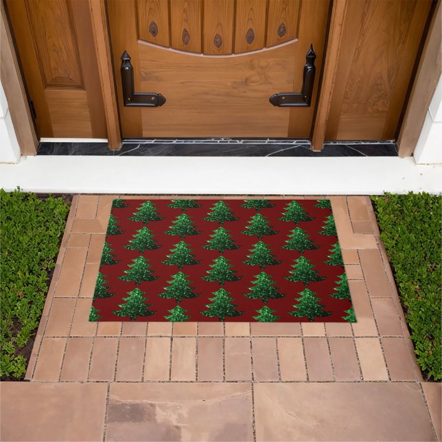 Sparkly Christmas tree green Dark red pattern Doormat (Outdoor)