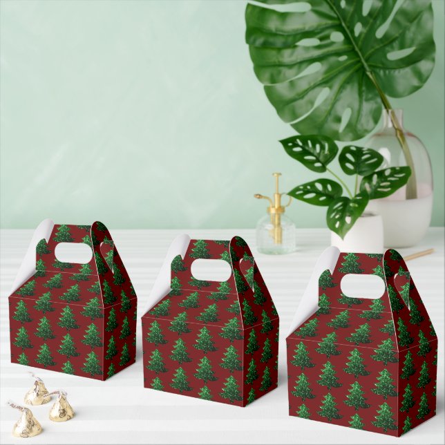 Sparkly Christmas tree green Dark red pattern Favour Box (Multiple)