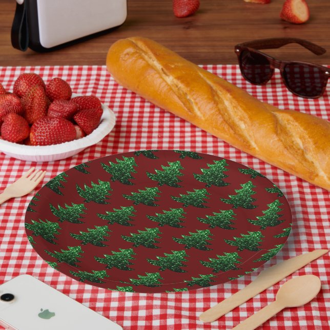 Sparkly Christmas tree green Dark red pattern Paper Plate (Picnic)