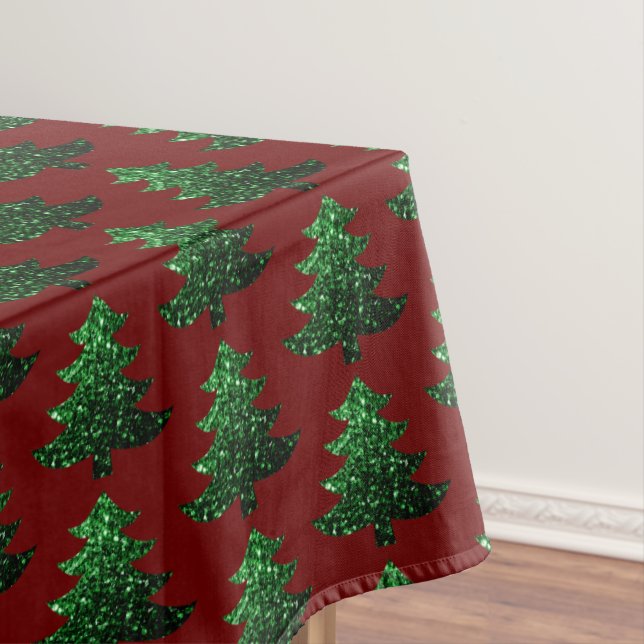 Sparkly Christmas tree green Dark red pattern Tablecloth (In Situ)