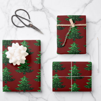 Sparkly Christmas tree green Dark red pattern Wrapping Paper Sheet