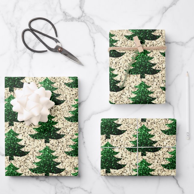 Sparkly Christmas tree green gold pattern Wrapping Paper Sheet (Front)