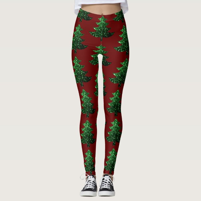 Sparkly Christmas tree green pattern dark red Leggings (Front)