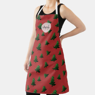 Sparkly Christmas tree green red pattern Monogram Apron