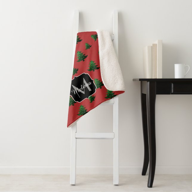 Sparkly Christmas tree green sparkles Monogram red Sherpa Blanket (In Situ)