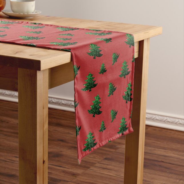 Sparkly Christmas tree green sparkles pattern red Long Table Runner (In Situ)