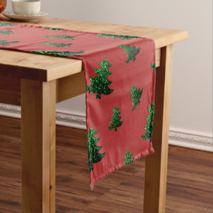 Sparkly Christmas tree green sparkles pattern red Short Table Runner