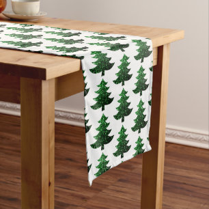 Sparkly Christmas tree green white pattern Short Table Runner