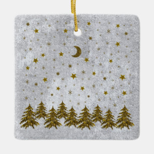 Sparkly Christmas tree, stars on abstract paper Ceramic Tree Decoration