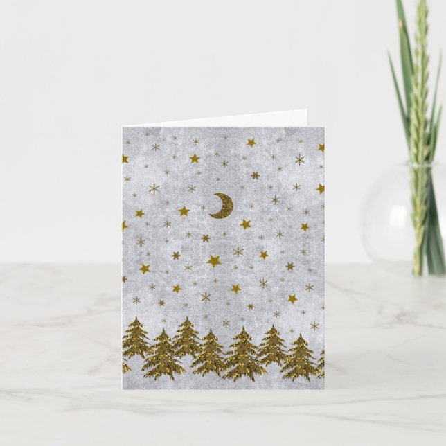 Sparkly Christmas tree, stars on abstract paper Holiday Card (Front)