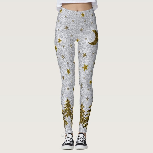 Sparkly Christmas tree, stars on abstract paper Leggings (Front)