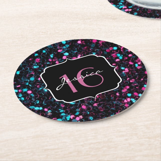 Sparkly colourful pink and blue mosaic Sweet 16 Round Paper Coaster (Angled)
