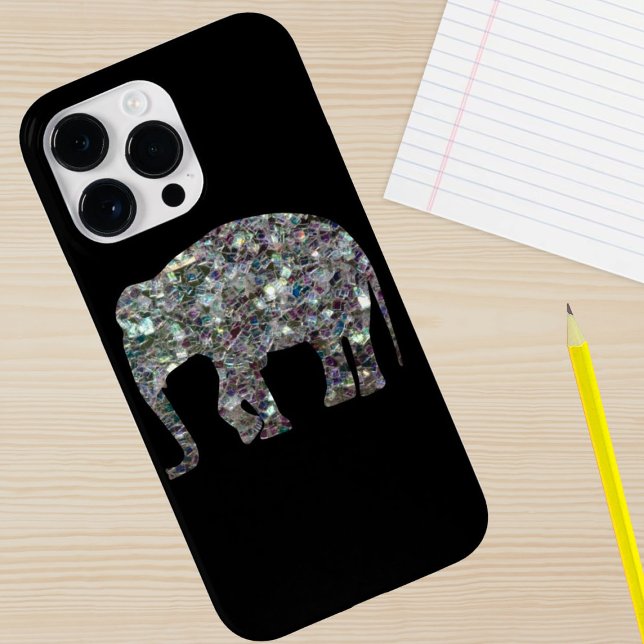 Sparkly colourful silver mosaic Elephant on black Case-Mate iPhone Case (Sparkle up and protect your phone with trendy faux sparkles phone case. In any color you choose.)