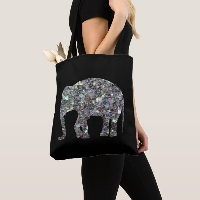 Sparkly colourful silver mosaic Elephant on Black Tote Bag (Close Up)
