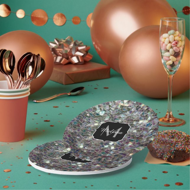Sparkly colourful silver mosaic Monogram Paper Plate (Multi)