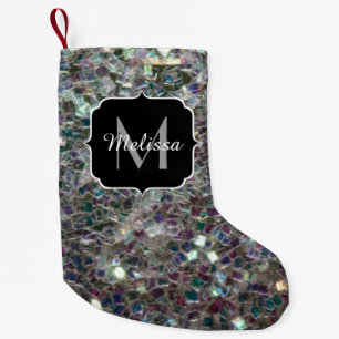 Sparkly colourful silver mosaic Monogram Small Christmas Stocking
