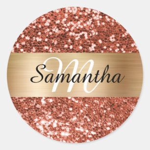 Sparkly Copper Glitter Gold Shimmer Monogram Classic Round Sticker