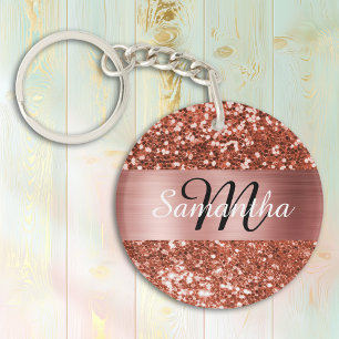 Sparkly Copper Glitter Rose Gold Foil Monogram Key Ring