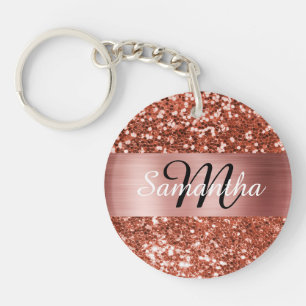 Sparkly Copper Glitter Rose Gold Foil Monogram Key Ring