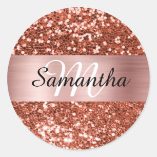 Sparkly Copper Glitter Rose Gold Shimmer Monogram Classic Round Sticker